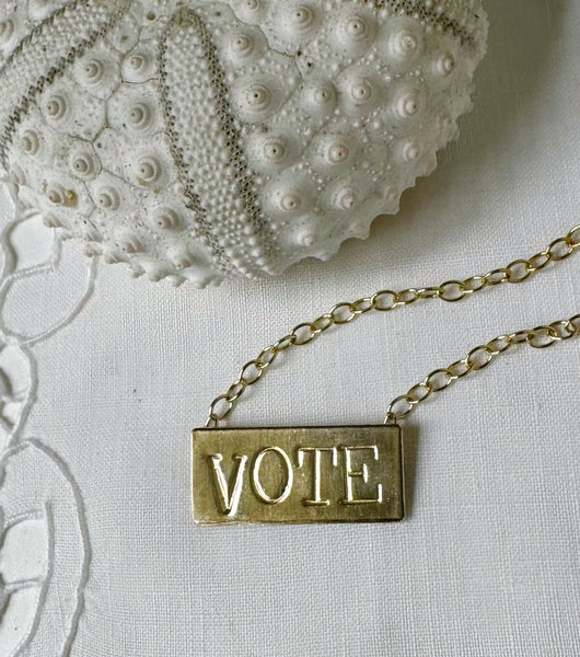Large VOTE 14k goldfill rectangle necklace