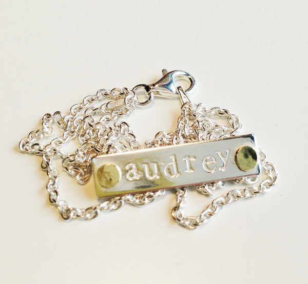 Personalized bespoke name necklace with 18K gold dots